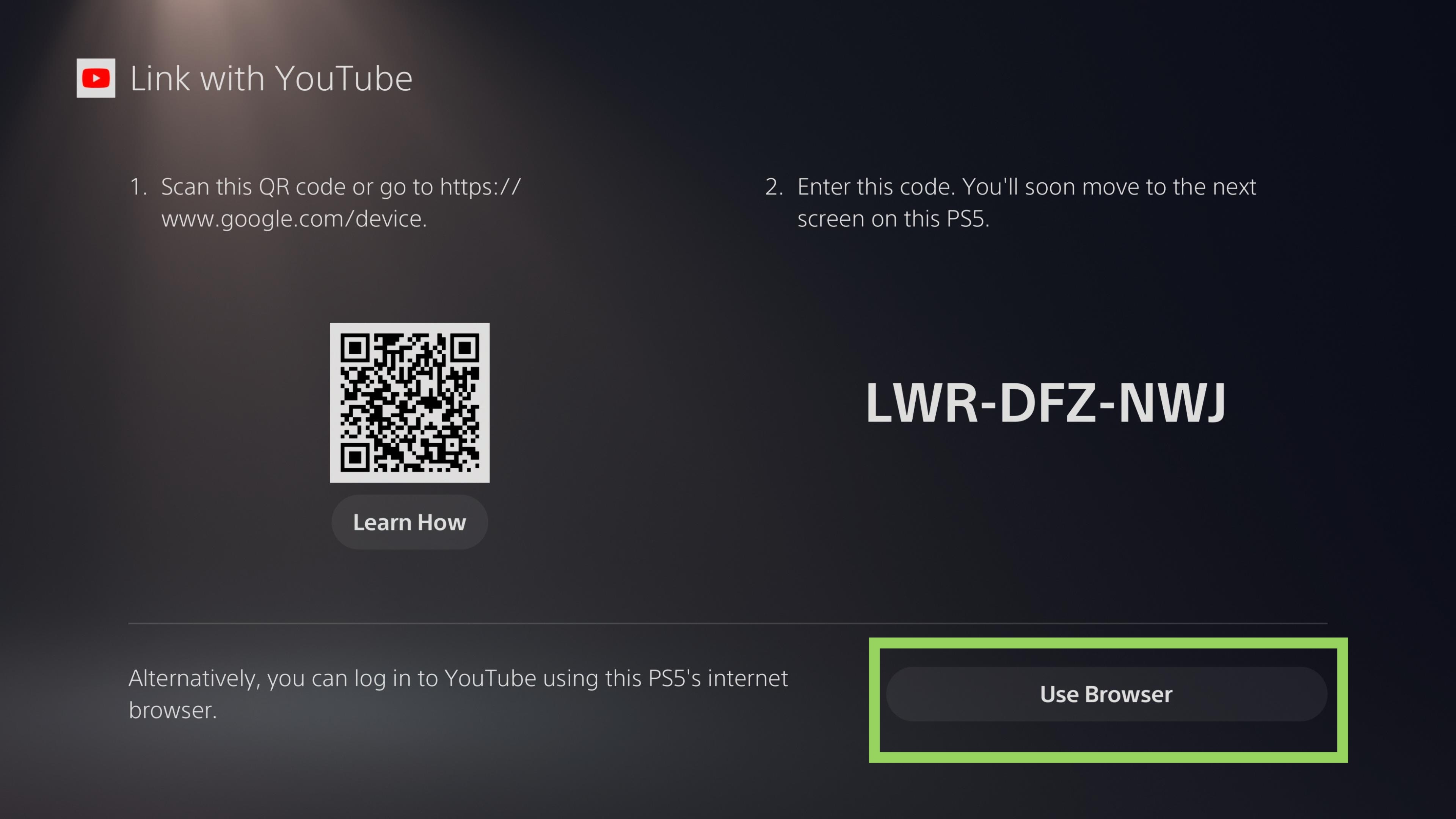 צילום מסך של ממשק המשתמש של PS5, המדגים את השלבים לגישה לדפדפן האינטרנט PS5