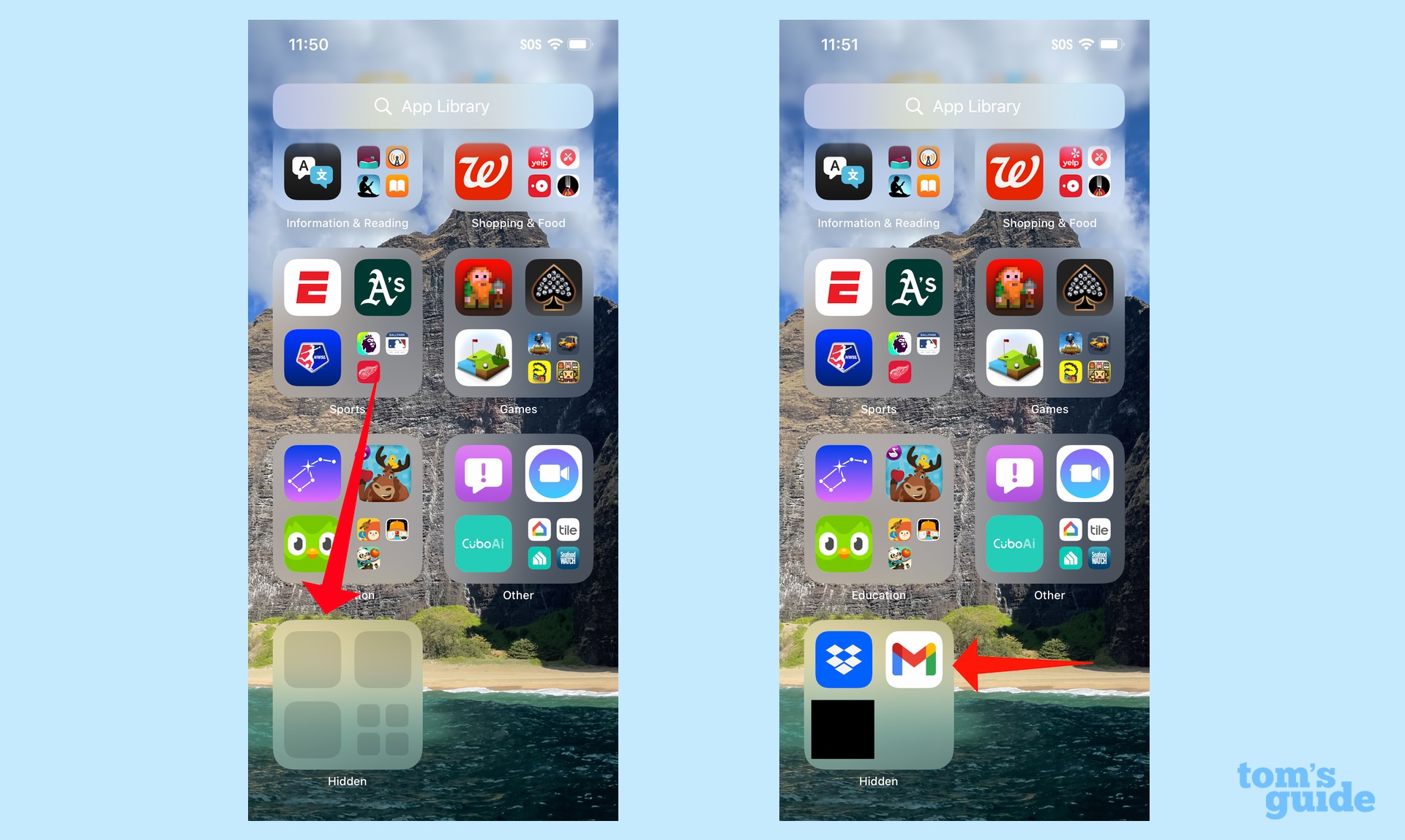 עבור אל ספריית האפליקציות כדי למצוא תיקיית אפליקציות נסתרת, הקש והשתמש במזהה פנים כדי לבטל את הנעילה, אפליקציות נסתרות יופיעו