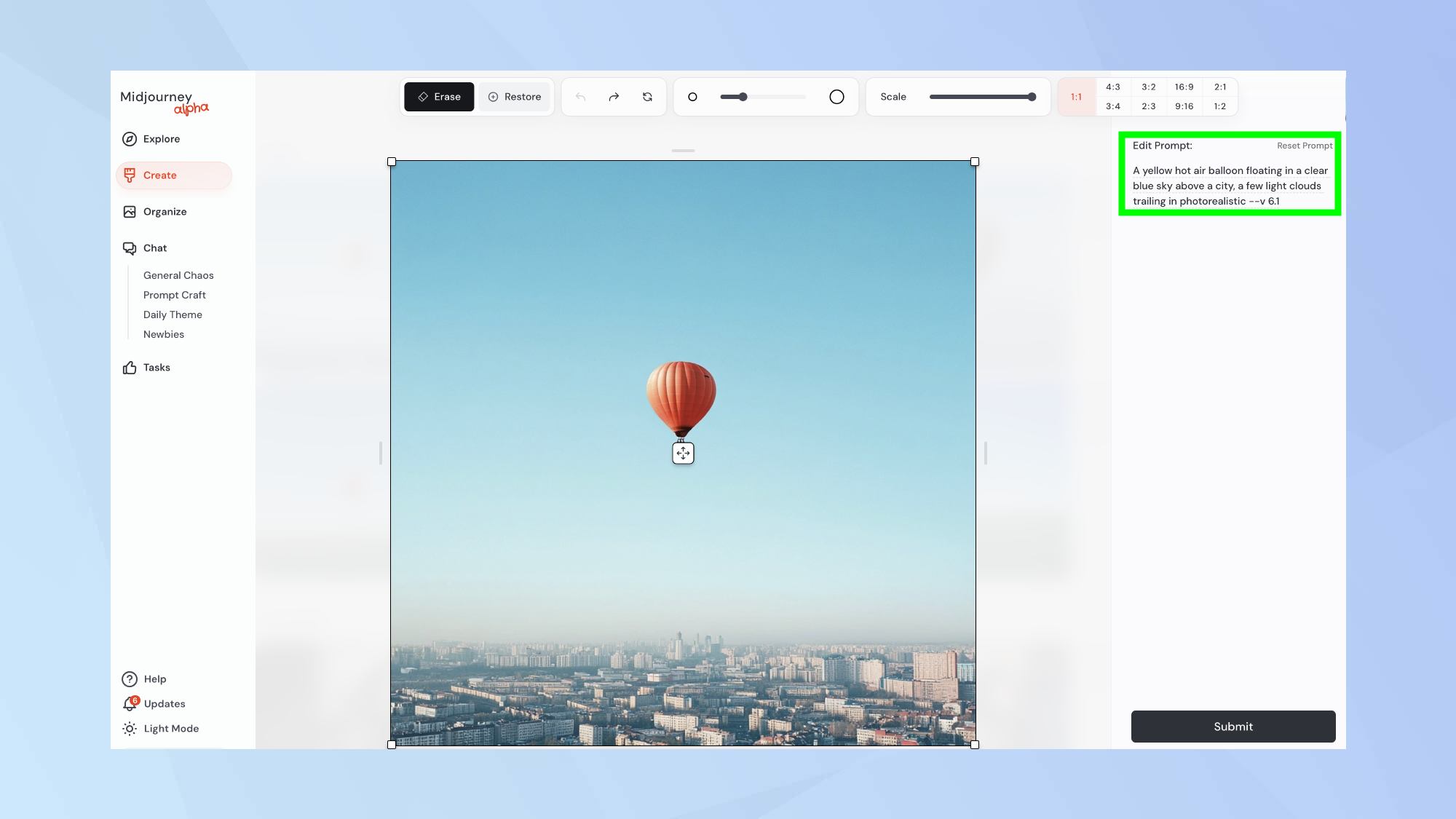 הודעת שינוי של עורך Midjourney
