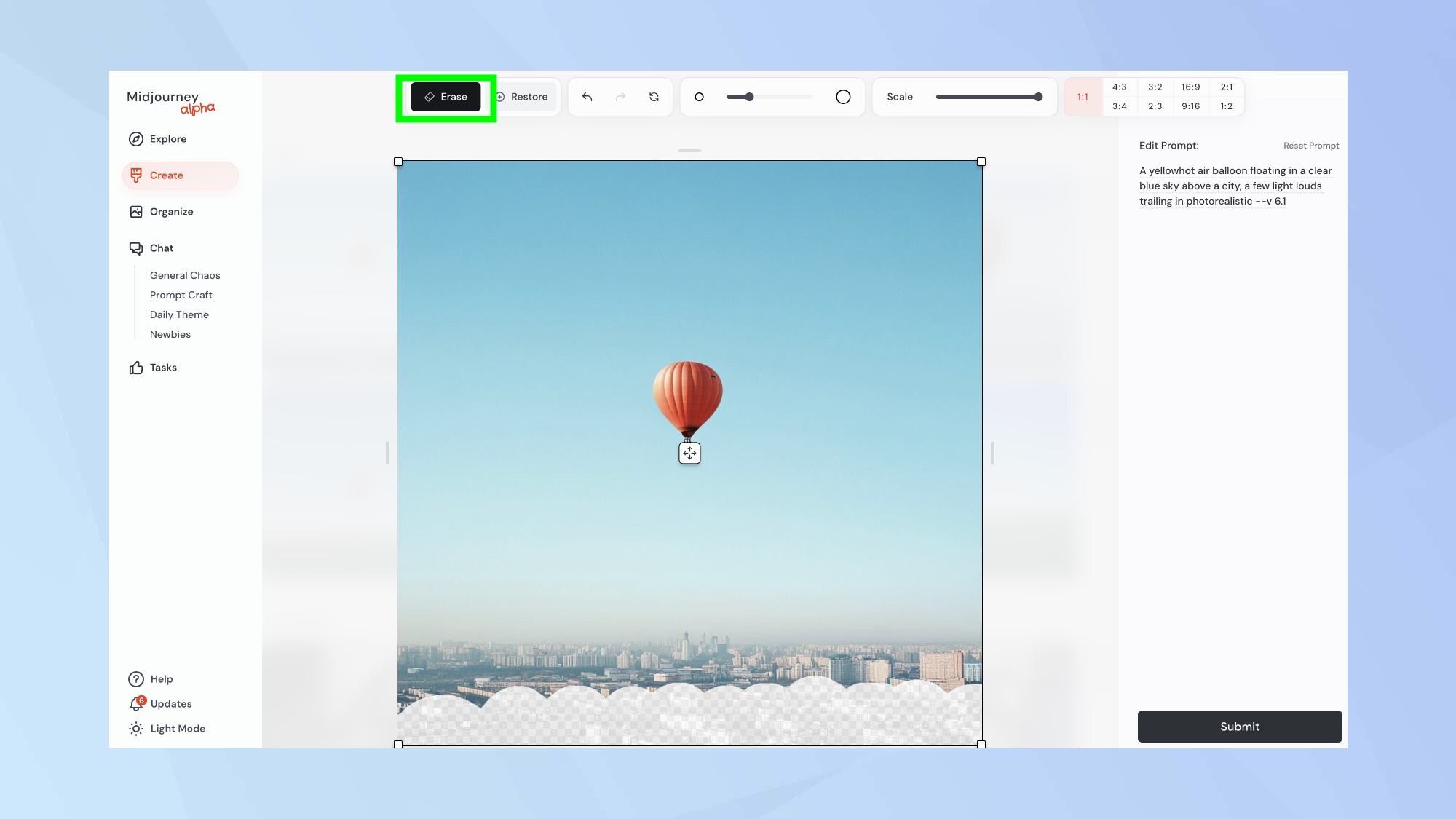 תכונת מחיקת עורך Midjourney