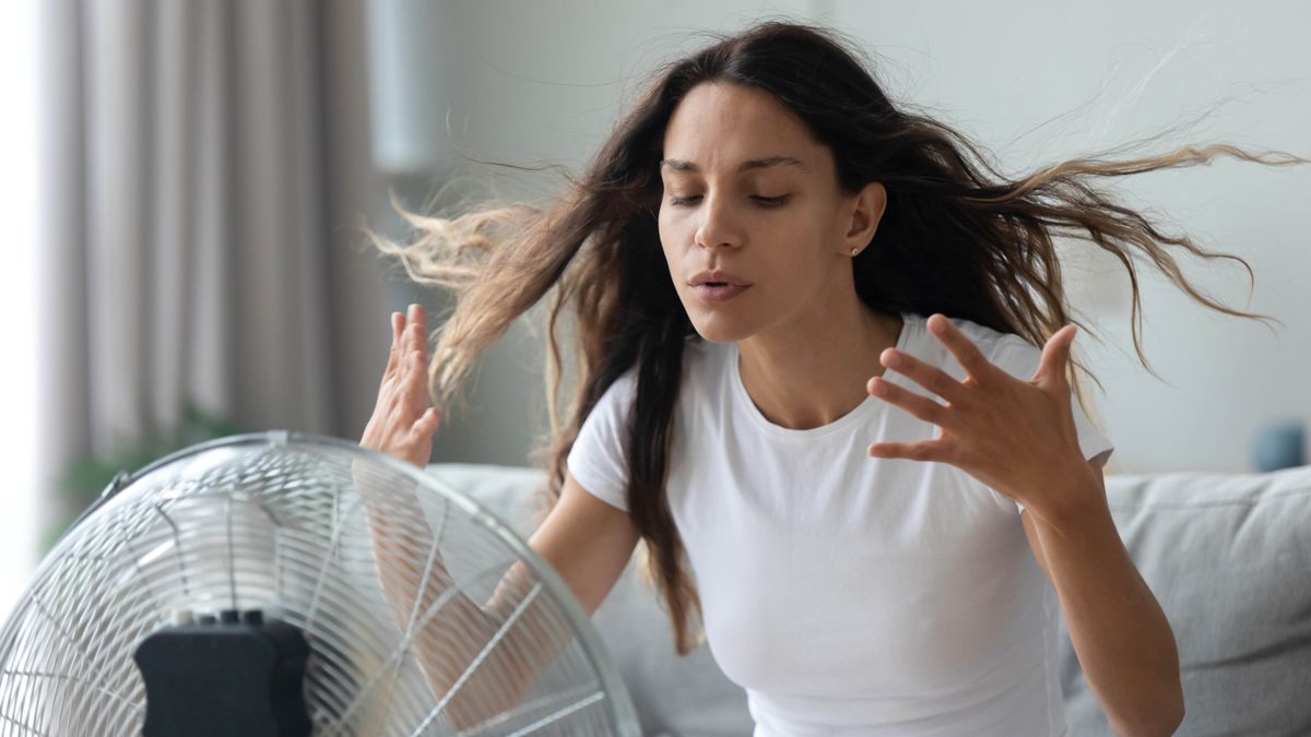 A woman trying to keep cool in front of an electric fan