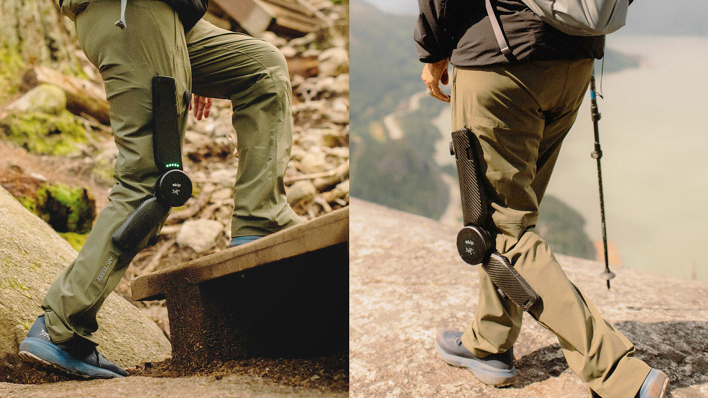 מכנסי הליכה חשמליים של Arc'teryx MO/GO על משתמש שלובש אותם בטבע