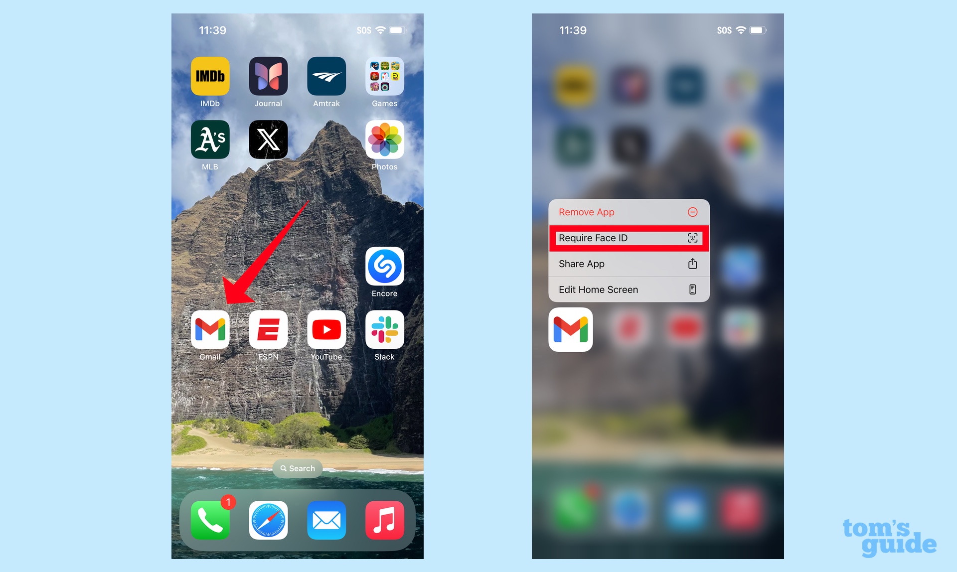 לחץ והחזק את סמל האפליקציה של האפליקציה שברצונך לנעול ובחר דרוש מזהה פנים