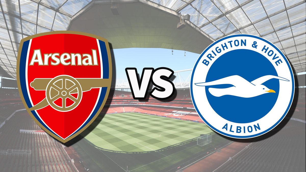 The Arsenal and Brighton &amp; Hove Albion club badges on top of a photo of Emirates Stadium in London, England, the venue for the Arsenal vs Brighton live stream