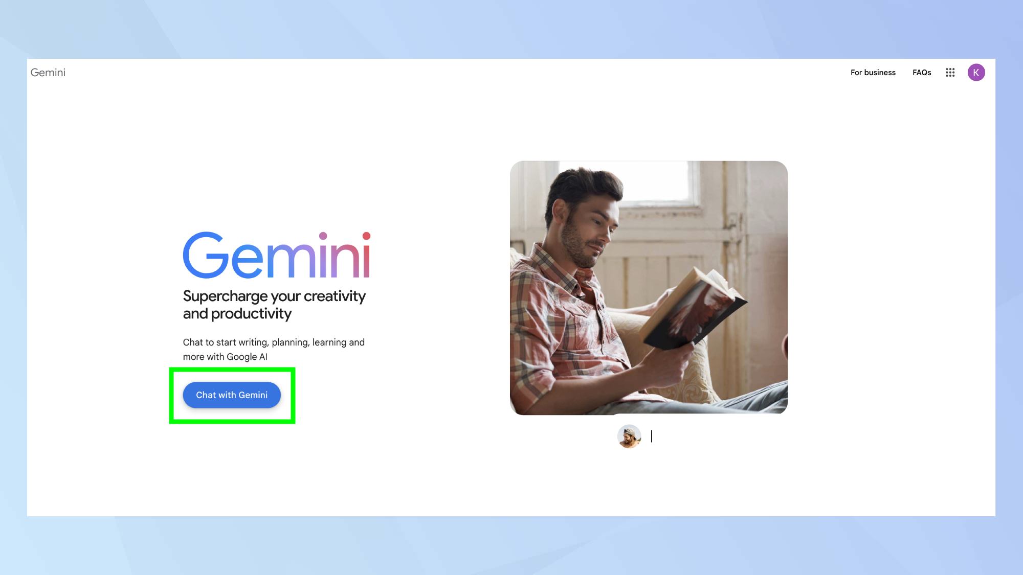 דף נחיתה של Google Gemini
