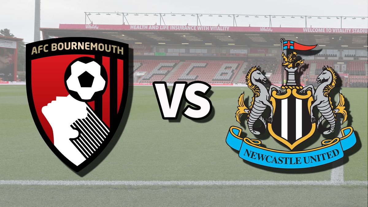 The AFC Bournemouth and Newcastle United club badges on top of a photo of the Vitality Stadium in Bournemouth, England, the venue for the Bournemouth vs Newcastle live stream