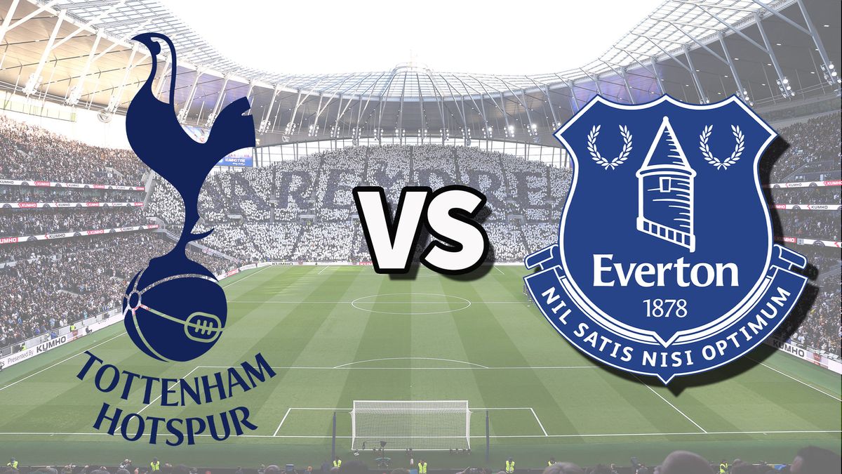 The Tottenham Hotspur and Everton club badges on top of a photo of Tottenham Hotspur Stadium in London, England, the venue for the Tottenham vs Everton live stream