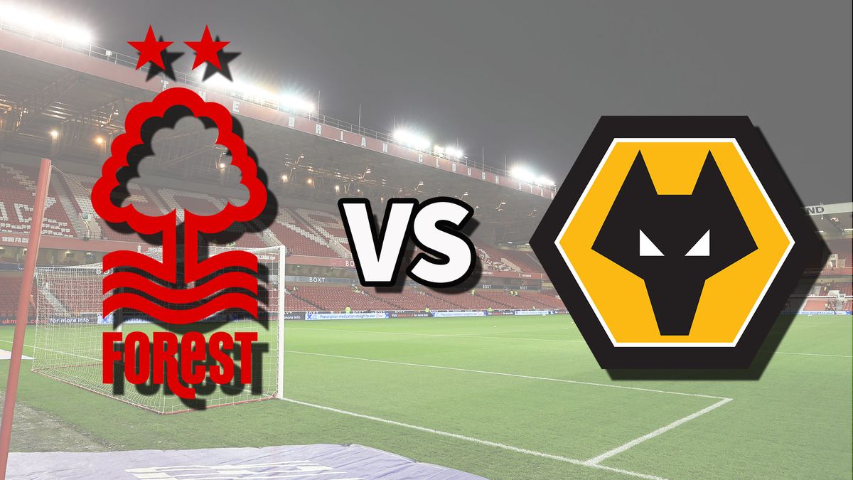 The club badges for the Nottm Forest vs Wolves live stream on top of a photo of the City Ground in Nottingham, England