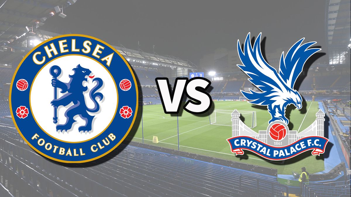 The club badges for the Chelsea vs Crystal Palace live stream on top of a photo of Stamford Bridge in London, England