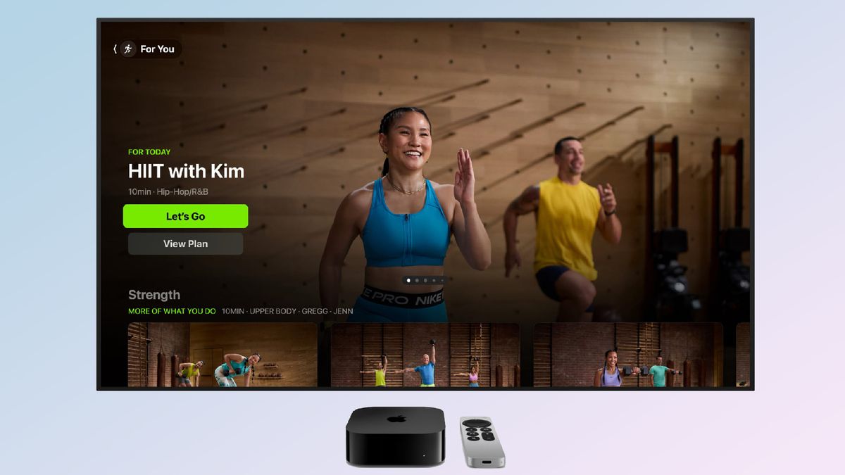 Apple tvOS 18 fitness with Apple TV 4K on gradient