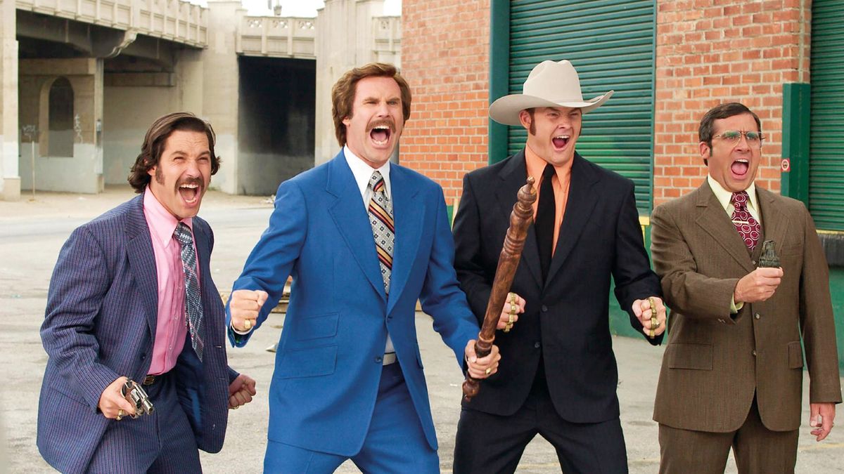 Brian Fantana (PAUL RUDD), Ron Burgundy (WILL FERRELL), Champ Kind (DAVID KOECHNER) and Brick Tamland (STEVE CARELL) defend their turf in Anchorman: The Legend of Ron Burgundy