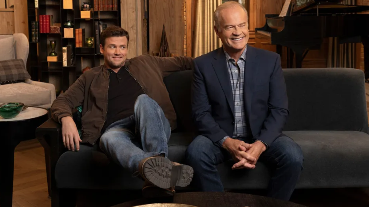 Jack Cutmore-Scott as Freddy Crane and Kelsey Grammer as his father Frasier are at the heart of "Frasier" season 2