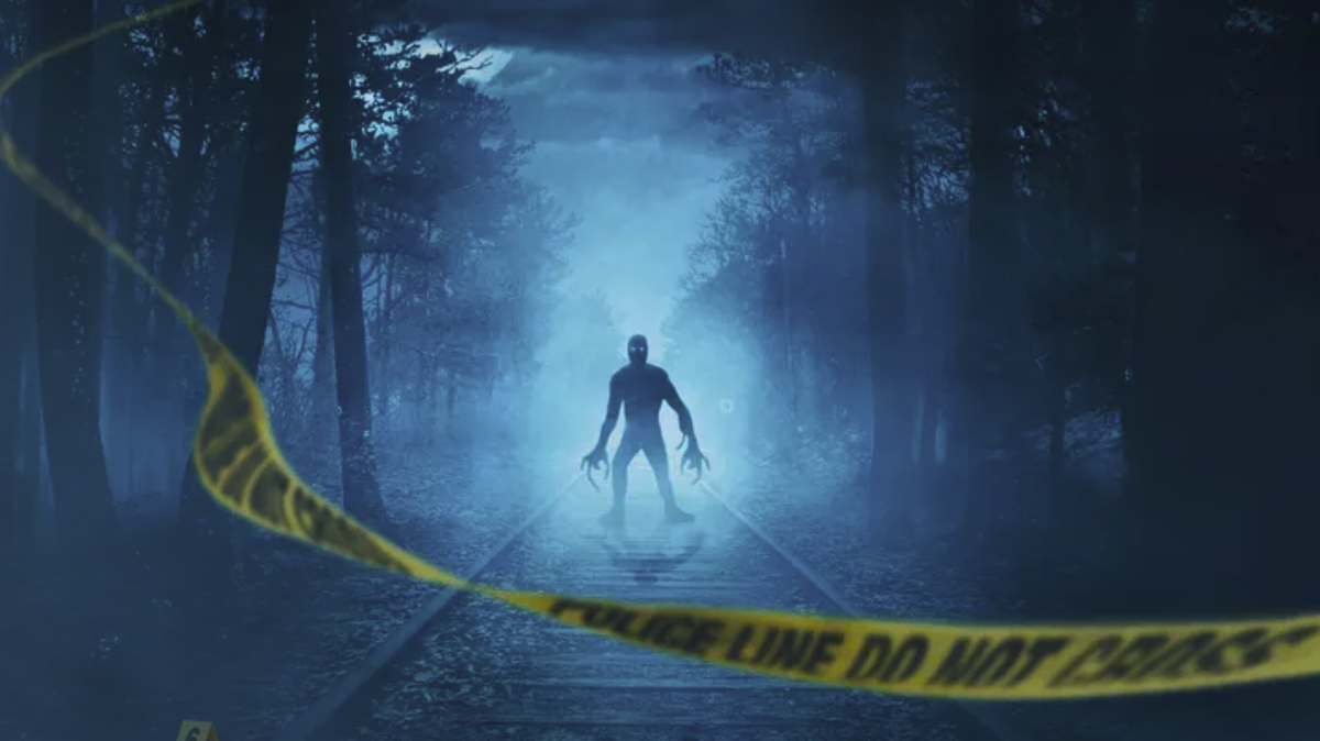 A spooky black monster outlined in shadow in a dark forest with yellow police crime scene tape in the foreground in Hulu's spooky true crime series 'Out There: Crimes of the Paranormal'