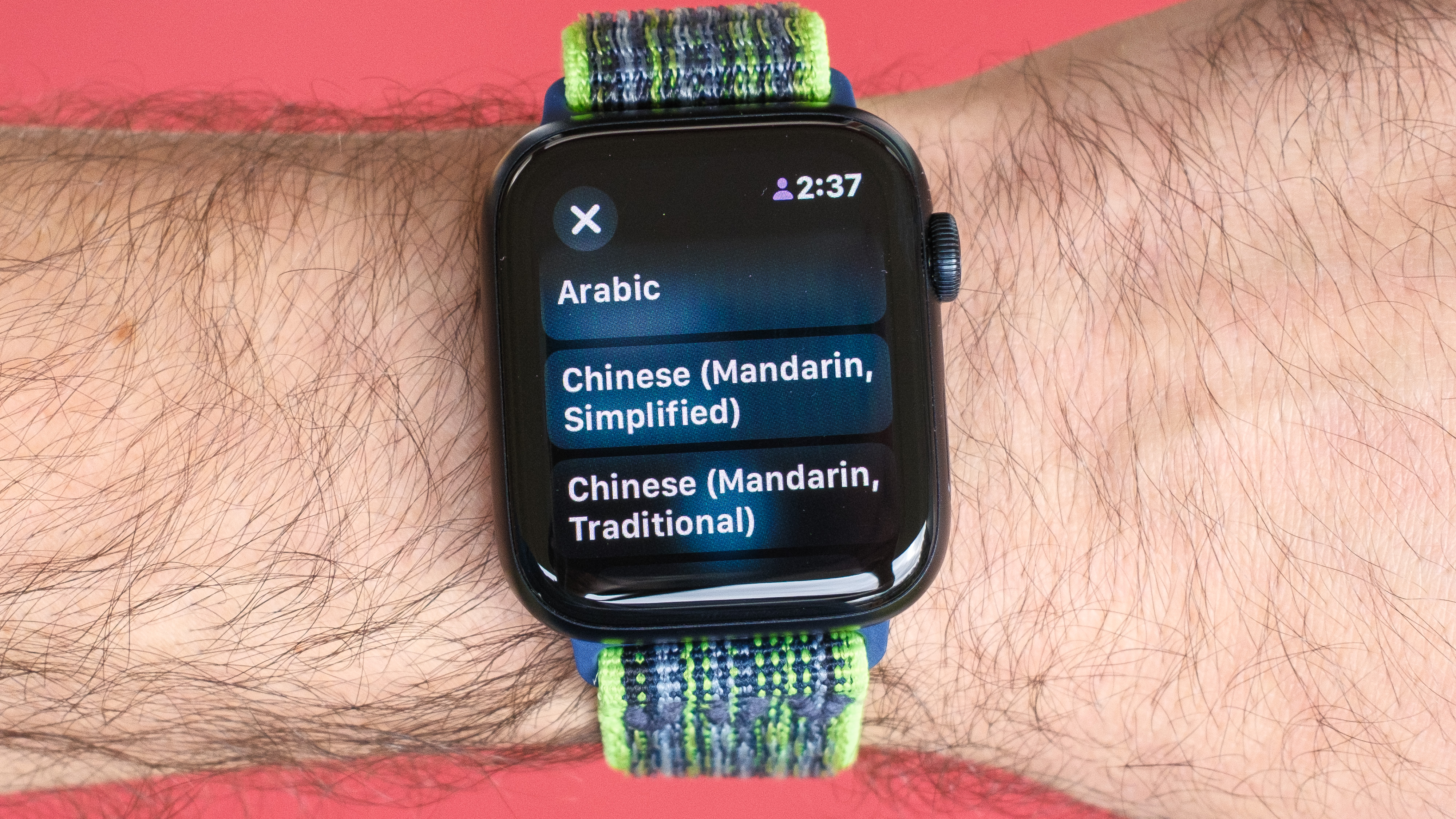 תמונת תקריב של Apple Watch SE 2022 על רקע אדום עם אפליקציית Translate החדשה המוצגת על המסך