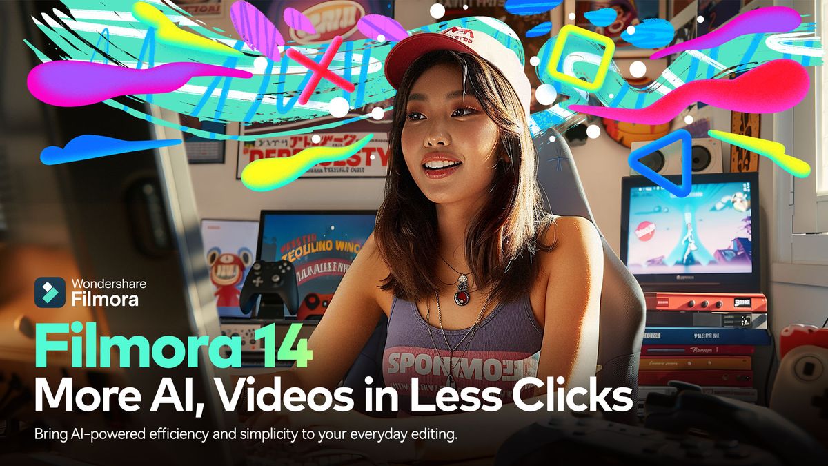 A smiling asian woman wearing a tank top and a ball cap sitting at a computer with creative doodles surrounding the top portion of the image. Text reads, "Wondershare Filmora. Filmora 14. More AI, Videos in Less Clicks. Bring AI-powered efficiency and simplicity to your everyday editing."