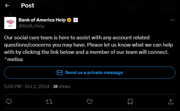 פוסט מצוות הטיפול החברתי של בנק אוף אמריקה ב-X