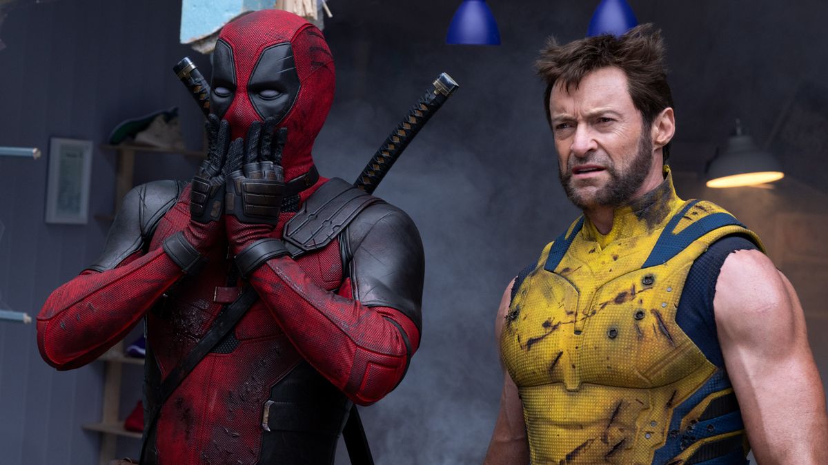 Deadpool (Ryan Reynolds) looking shocked stood next to Wolverine (Hugh Jackman) in "Deadpool &amp; Wolverine"