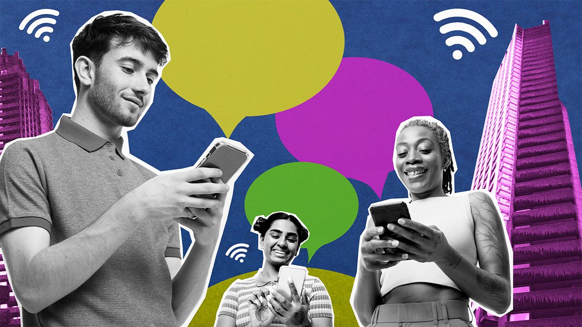 A group of young people looking at their smartphones with multicoloured background collage, featuring buildings, wifi symbols and speech bubbles.