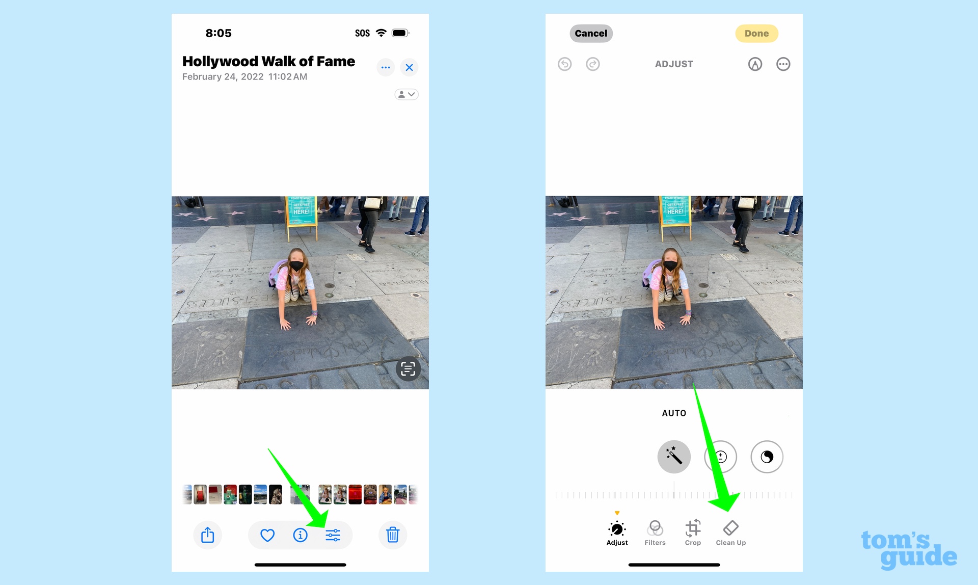 בחר ערוך באפליקציית תמונות והשתמש באפשרות Clean Up