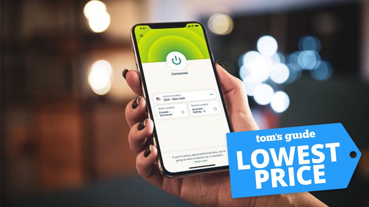 ExpressVPN on an iPhone, held in a female hand, with a blue label that says "Lowest Price".