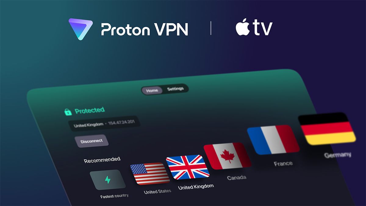Image shows Proton VPN's Apple TV menu and a selection of country servers
