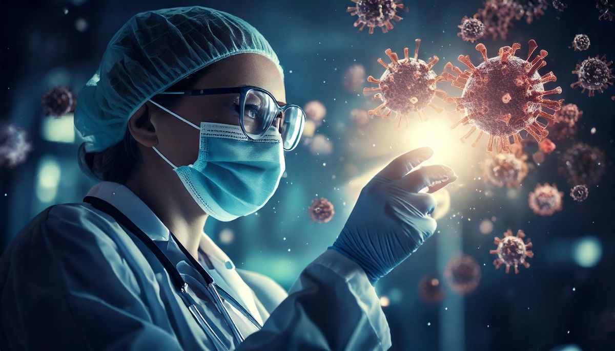 Future AI generated image of a doctor inspecting viruses. Generated with Adobe Firefly3