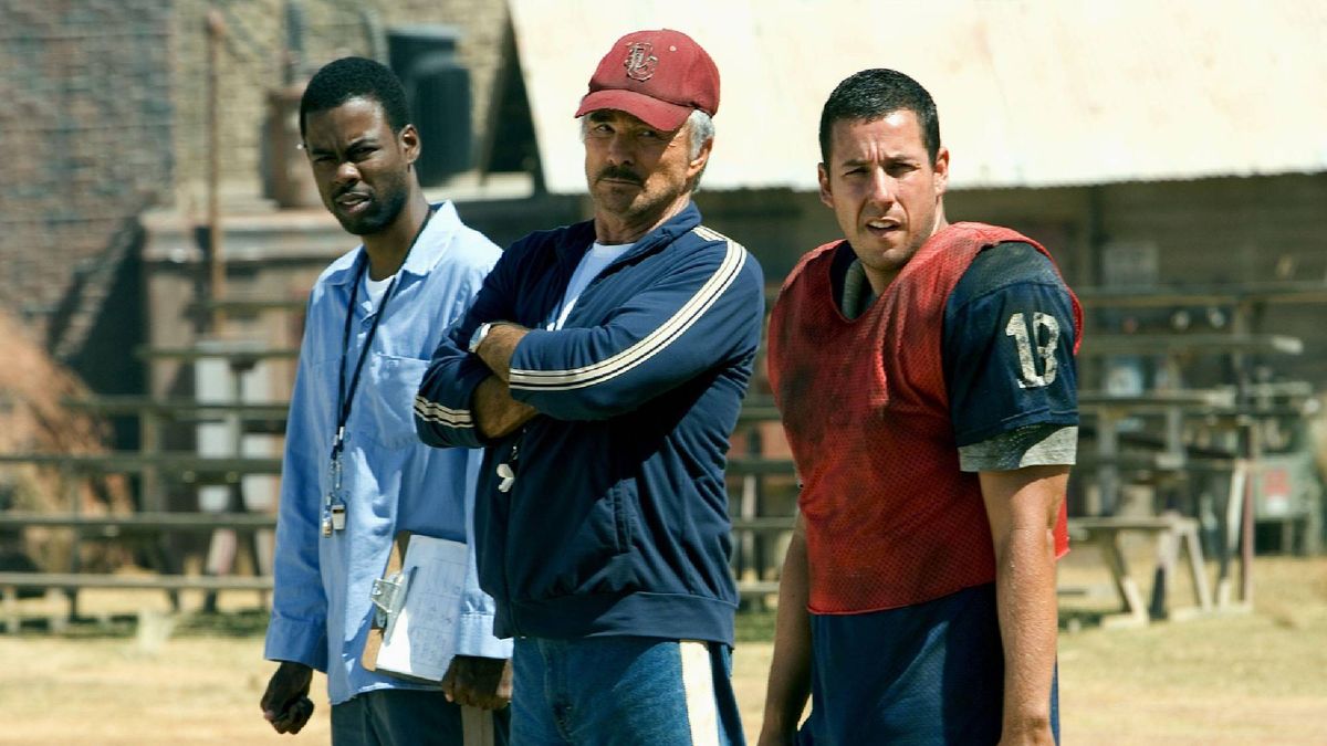 (L-R) Chris Rock as James Farrell, Burt Reynolds as Nate Scarborough and Adam Sandler as Paul Crewe in "The Longest Yard"