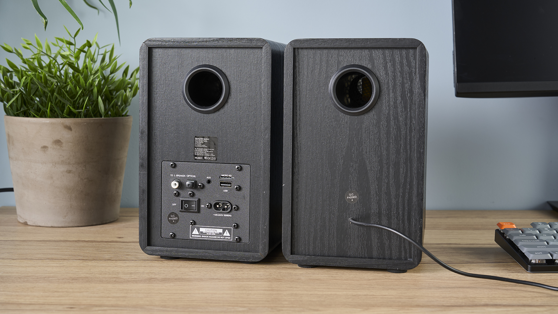 זוג רמקולים מעץ שחור עם חרוט קבלר צהוב צולם על שולחן עץ עם מחשב וקיר כחול וצמח בצילום