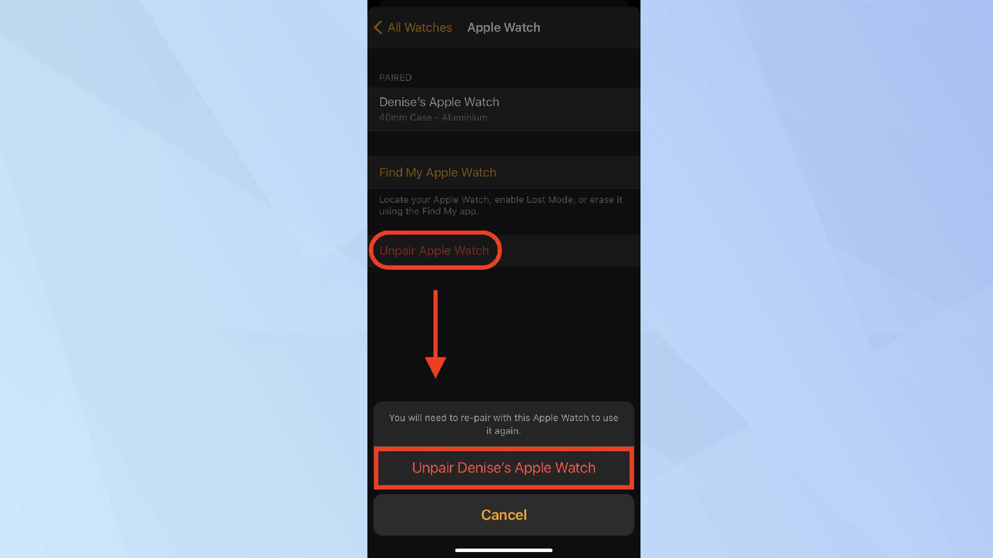 בטל את ההתאמה של Apple Watch