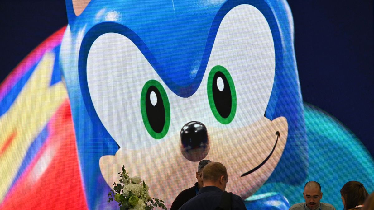 Close up of Sonic the Hedgehog character is displayed at the Sega stand, prior to the release of "Game Changers" documentary series
