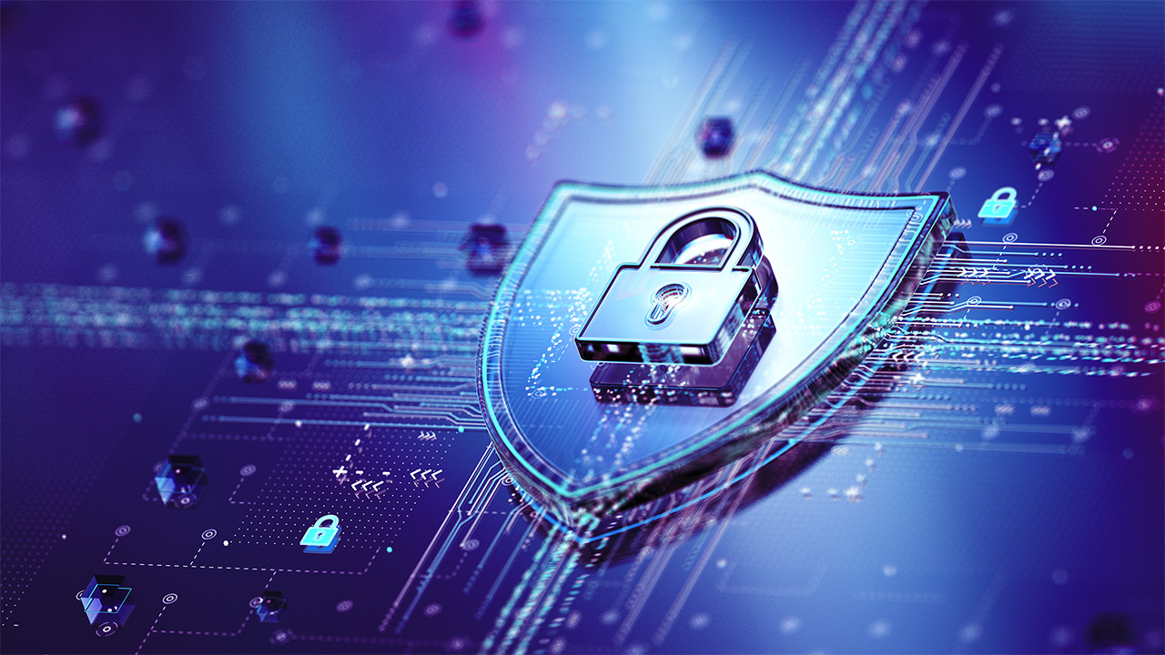 מנעול מעל מגן עם רקע כחול כהה אלקטרוני