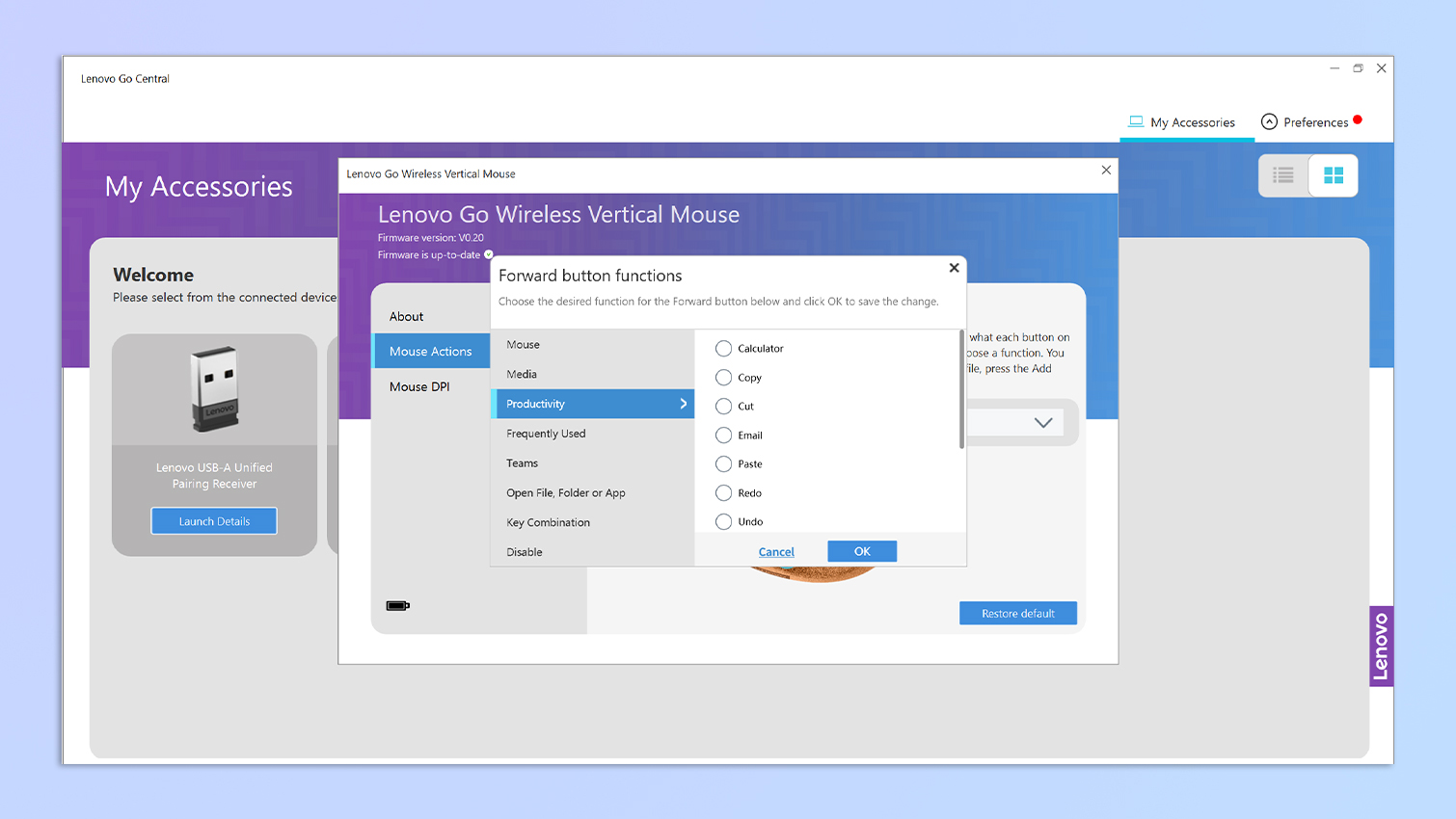 צילום מסך של Lenovo Go Central פתוח במחשב נייד של Windows 11