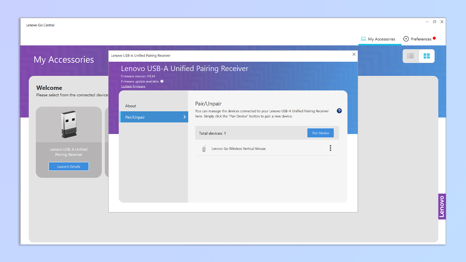 צילום מסך של Lenovo Go Central פתוח במחשב נייד Windows 11
