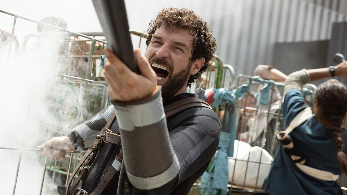 A panicked Manel holds his spear gun in "Apocalypse Z: The Beginning of the End"