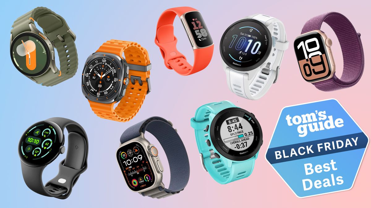 12 different smartwatches, including Garmins, Fitbits and Apple Watches, floating on a colorful background next to a Tom