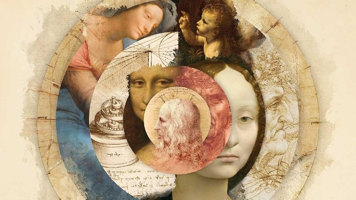 A circular mosaic of elements from Leonardo da Vinci's drawings and paintings - including the Mona Lisa - for Ken Burns' two-part documentary "Leonardo da Vinci"