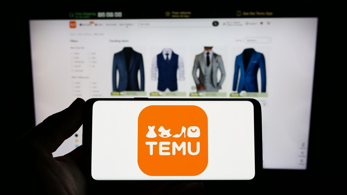 Person holding smartphone with logo of US online shop company Temu on screen in front of website
