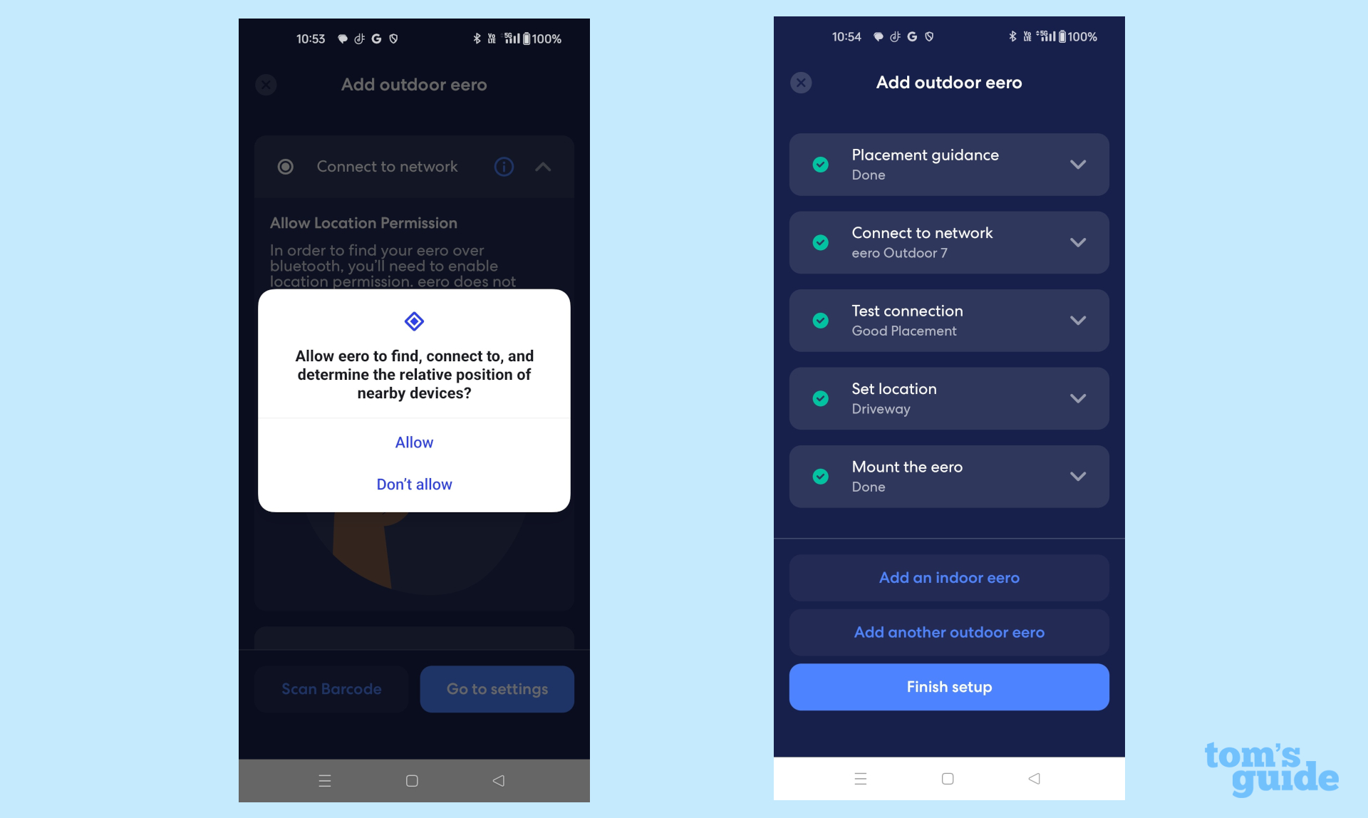 צילומי מסך המציגים את ה-Eero Outdoor 7 מתחבר ומסיים את תהליך ההתקנה שלו