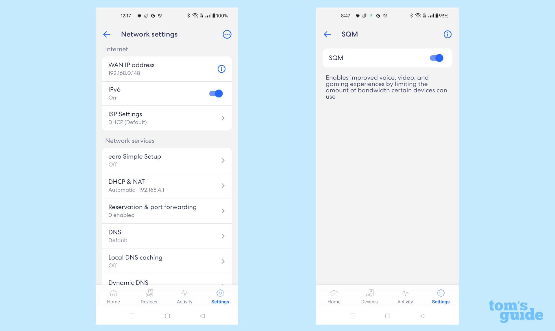 צילומי מסך המציגים את ההגדרות ותכונת SQM של eero Outdoor 7