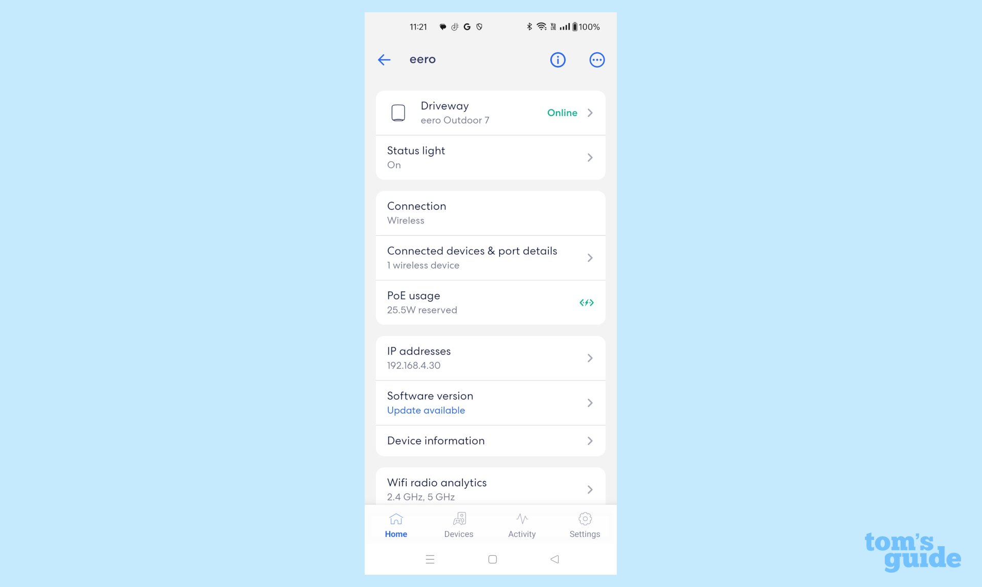 צילום מסך המראה את סוג החיבור בו משתמש eero Outdoor 7 כעת