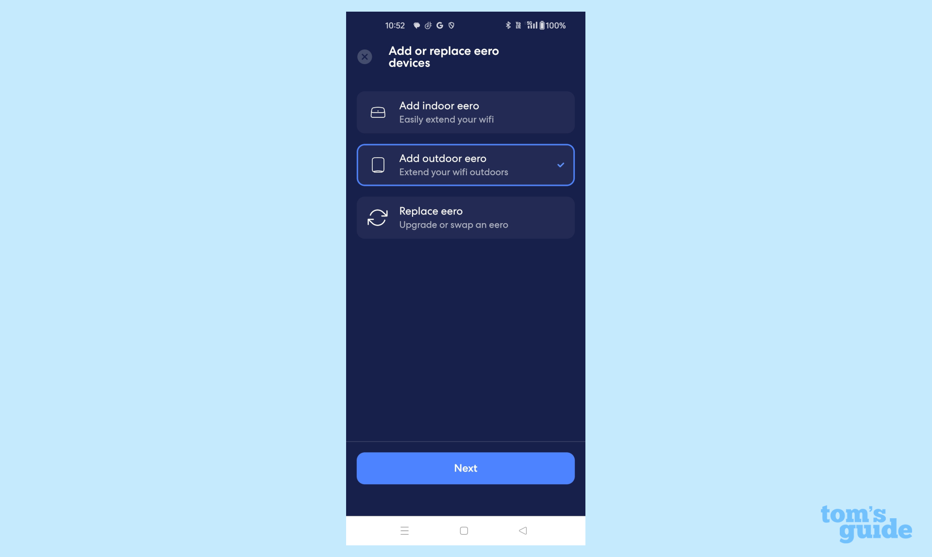 צילום מסך המראה כיצד מוסיפים את ה-Eero Outdoor 7 לרשת רשת באפליקציית eero