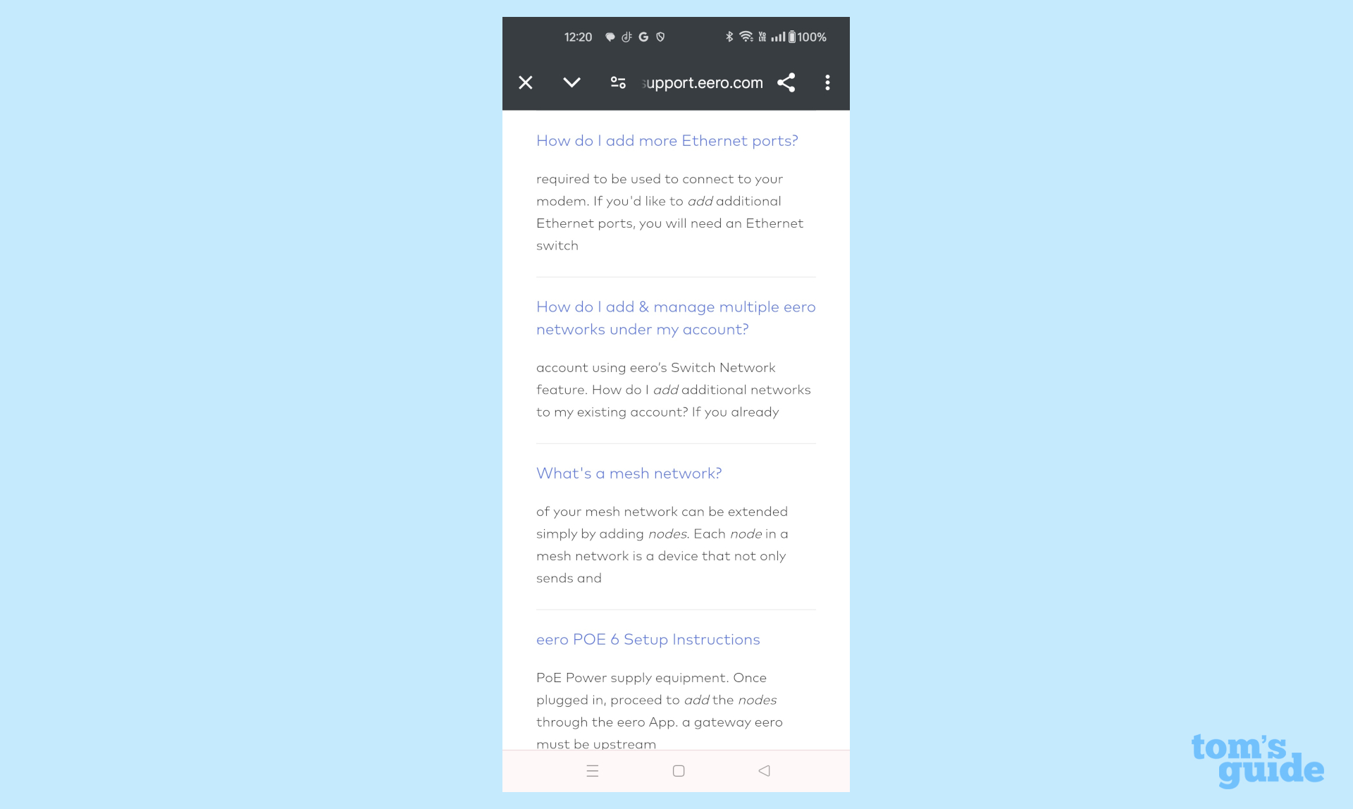 צילום מסך המציג את כל משאבי התמיכה הזמינים של eero