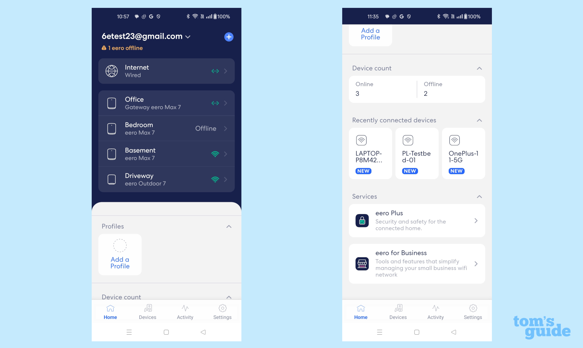 צילומי מסך המציגים את החלק העליון והתחתון של אפליקציית eero עם eero Outdoor 7 נוסף לרשת ביתית