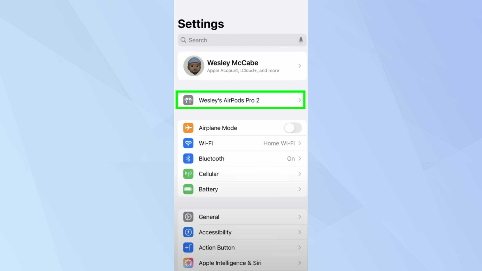 AirPods Pro 2 מודגש בהגדרות 