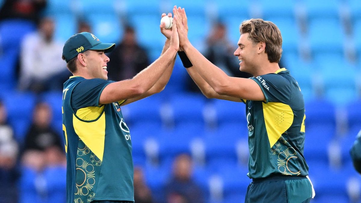 Spencer Johnson and Xavier Bartlett of Australia celebrates a wicket during game three of the Men's T20 International match series between Australia and Pakistan ahead of Australia vs India 1st Test