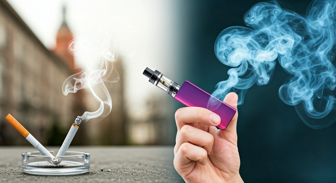 A young adult holding a brightly colored disposable e-cigarette, with a background showing contrasting elements: a traditional cigarette extinguished in an ashtray on one side and a modern vape cloud on the other.