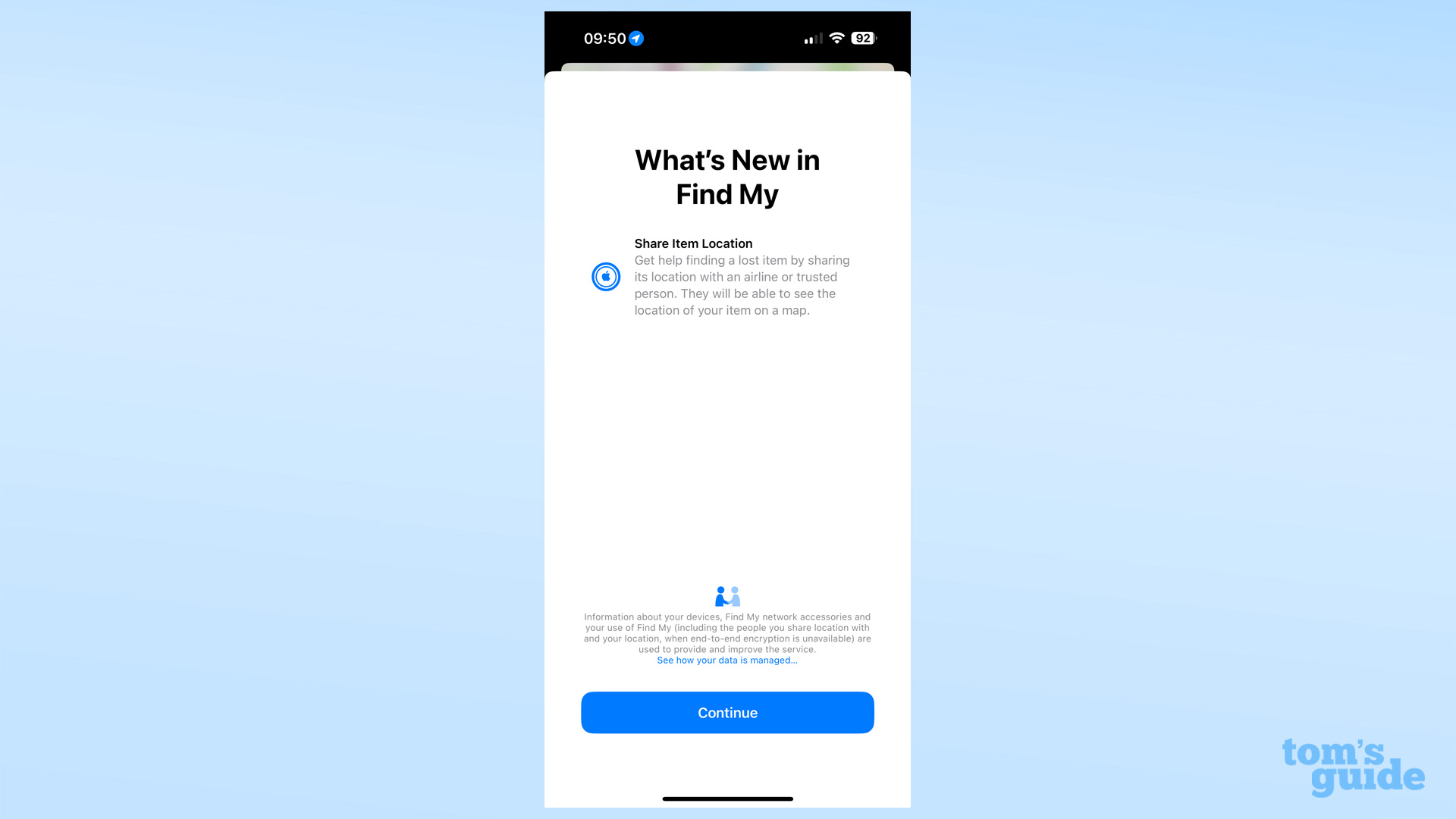 צילום מסך מ-iOS 18.2 המציג את התכונה החדשה של שיתוף פריט מיקום של האפליקציה שלי