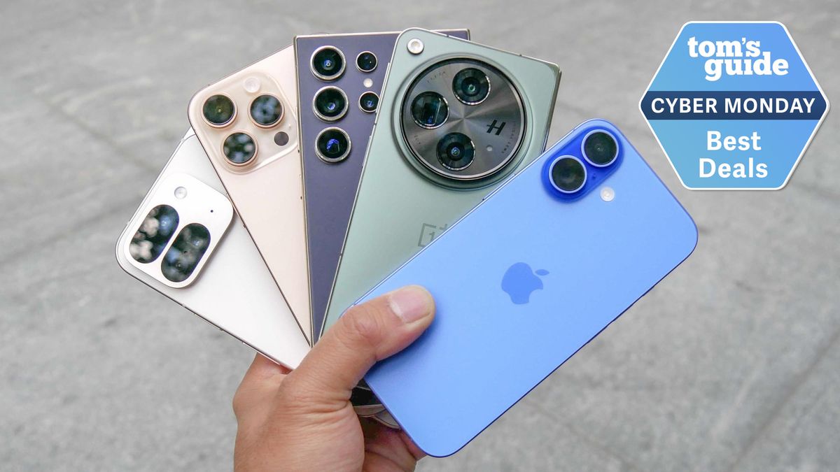 iphone 16, oneplus 12, galkaxy s24 ultra, iphone 16 pro and pixel 9 pro fold all together with a cyber monday deal tag