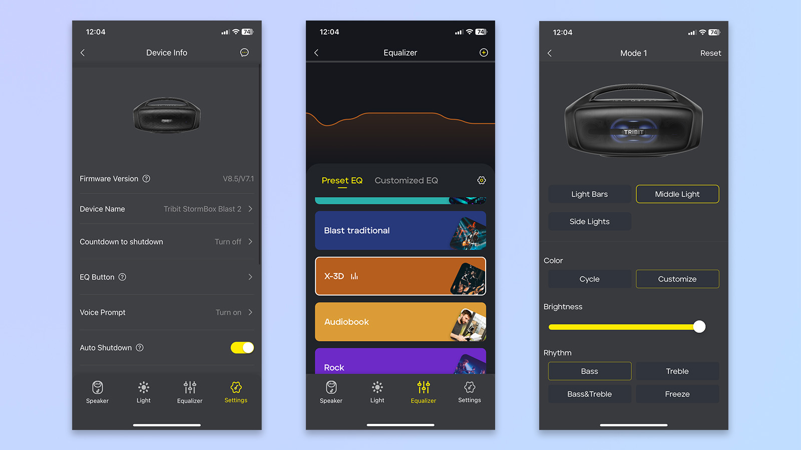 שלושה צילומי מסך מאפליקציית tribit המציגים התאמה אישית של EQ
