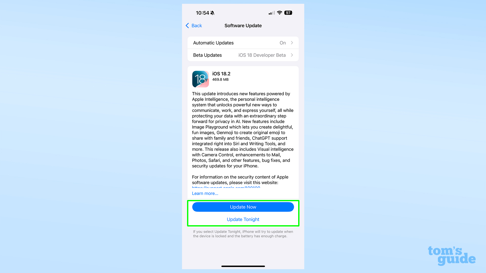 צילום מסך המציג את אפשרויות ההתקנה עבור iOS 18.2